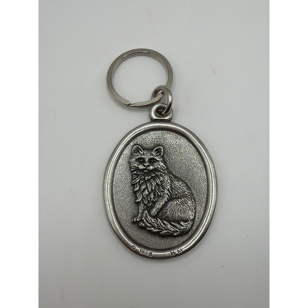 Vintage 1998 Keychain Pewter Longhair Cat Oval Medallion‎ Maine Coon Persian